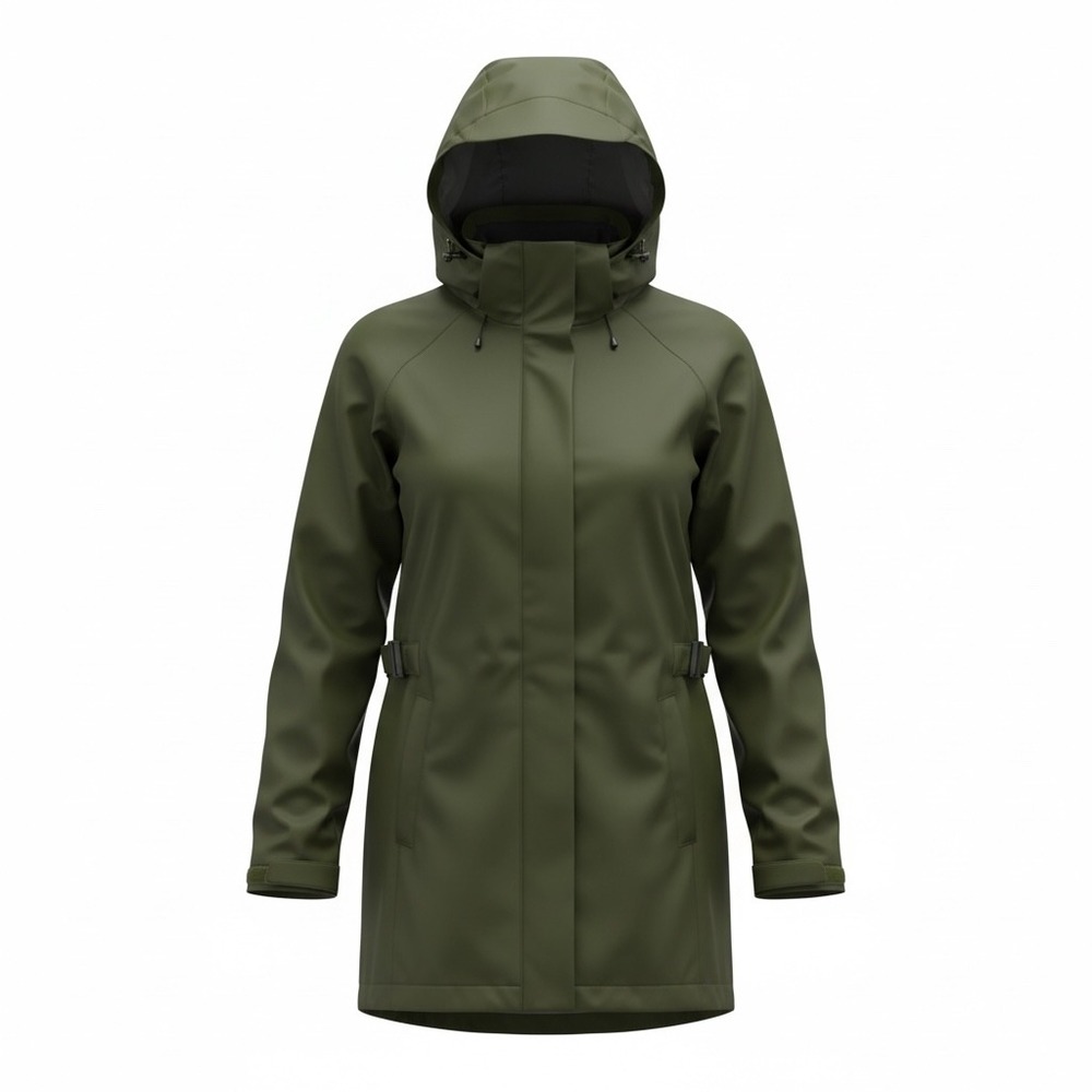 Gerry Hooded Rain Parka Jacket Olive Green Medium Adjustable Waist PVC Coated